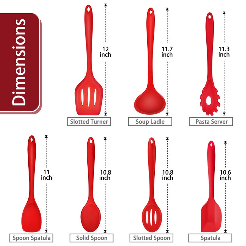 P&P CHEF Silicone Cooking Utensils Set of 7, Heat-proof Kitchen Utensils Set for Nonstick Cookware, Non-stick Spatula, Slotted Turner, Soup Ladle, Pasta Server, Spoon for Cooking Serving - Red - Image 2